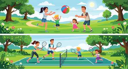 Obraz premium Happy Family Playing Ball and Tennis Together in Summer Park Outdoor Activities Banners Set for Healthy Lifestyle and Recreation Vector Illustration