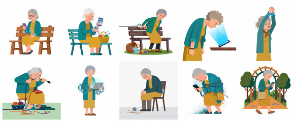 Vector illustrations of elderly woman struggling with technology addiction, digital dependency and social isolation concept.