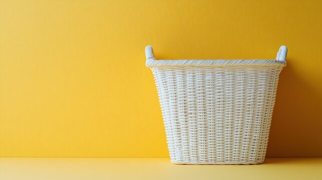 White wicker basket against yellow background