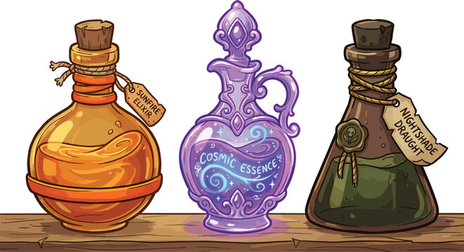 Fantasy Potion Bottles Set on Wooden Shelf Featuring Sunfire Elixir Cosmic Essence and Nightshade Draught for Game Design and Magic Concepts Vector Illustration