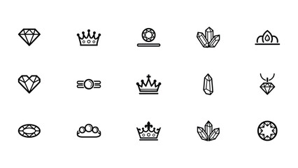 Fototapeta premium Luxury jewelry icons, gemstone crown and engagement ring symbols vector artwork interface design package set for branding today