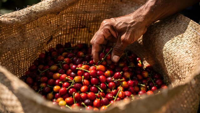 Farmer's hand picking red coffee cherries into a woven sack during harvest