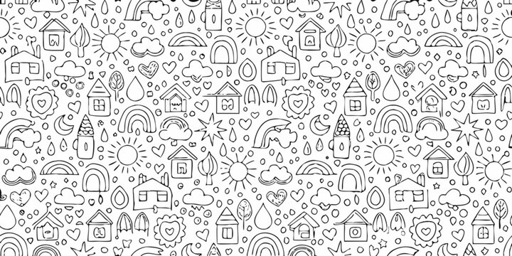 Whimsical doodle pattern featuring houses suns rainbows and hearts