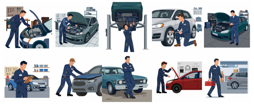 Auto Mechanic Service Set, Professional Car Repair Illustrations in Garage Workshop