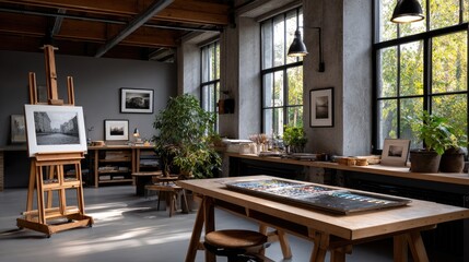 Fototapeta premium Art classroom with tools and sunlight in an industrial loft space during a creative workshop for students