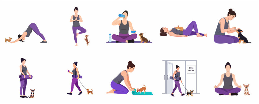 Yoga with Dog Illustration Set - Woman and Chihuahua Practicing Doga Exercises, Poses, and Wellness Activities