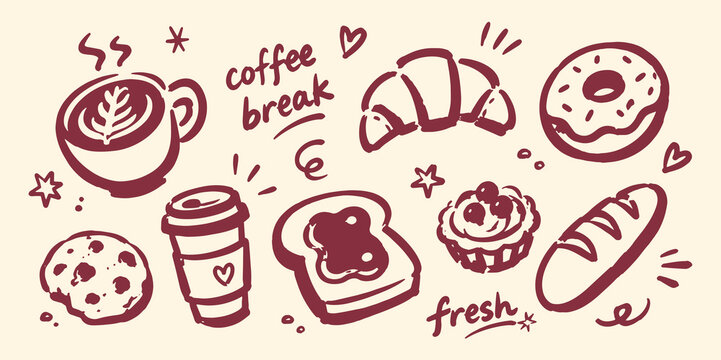Coffee Breakfast Pastry Icons Hand Drawn Vector Illustration