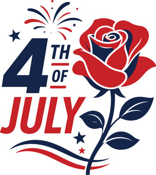 Red rose with blue leaves beside 4th of July lettering and fireworks symbolizing patriotic beauty independence and festive vector art