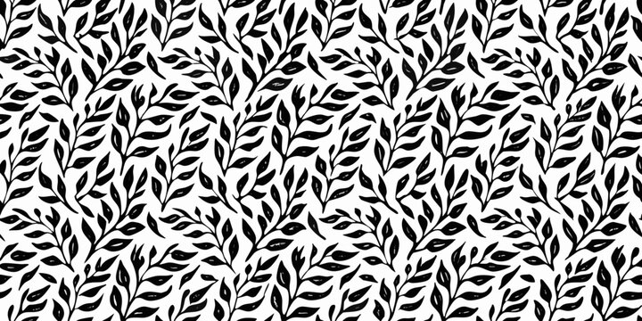 Stylized leaf pattern black and white seamless botanical illustration