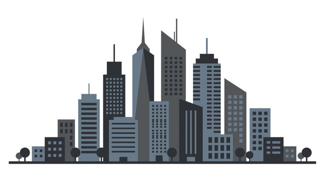 Modern gray city skyline silhouette with various skyscrapers and small trees on a clean white background, Symbolizing urban development, illustrating corporate real estate growth