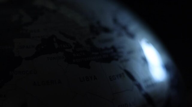 Earth globe map. Zoom on Africa and western Asia. Earth from orbit, rotation. Country borders.