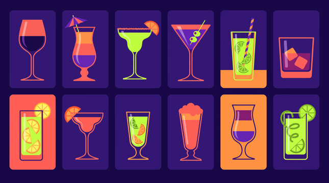 Collection of colorful flat vector cocktail and drink icons in various glass shapes with garnishes on dark background, providing vibrant visual assets for bar menus or nightlife marketing