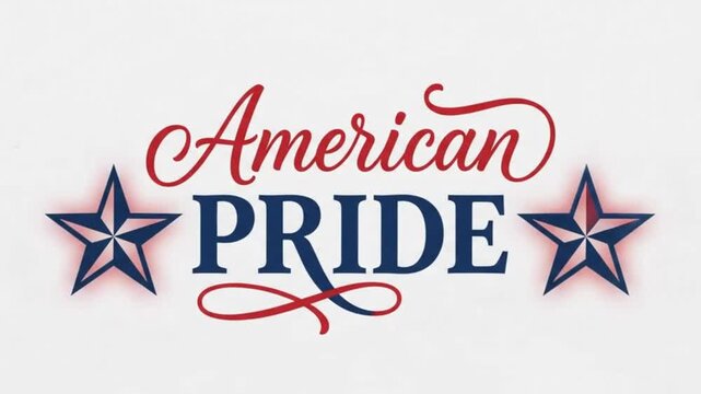 American pride text graphic with elegant red script and bold blue serif lettering