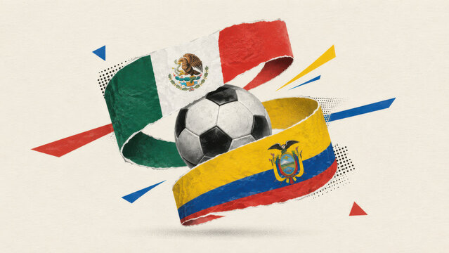 Mexico and Ecuador football match graphic with national flag colours, collage style illustration