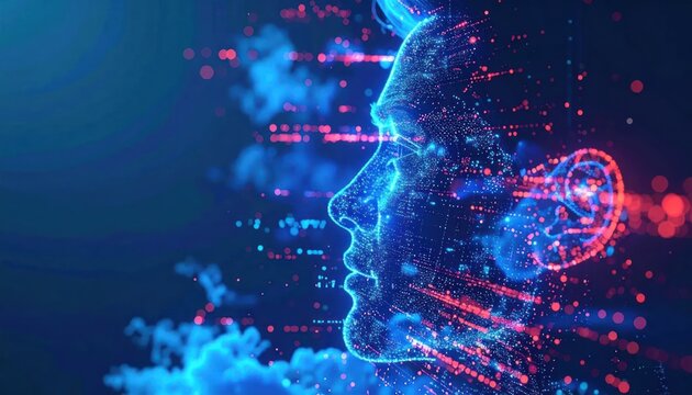 Glowing Digital Human Profile Formed with Neon Data Particles in Futuristic Technology Scene