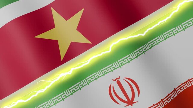 Two waving flags Suriname and Iran with diagonal lightning seamless, 4k loop