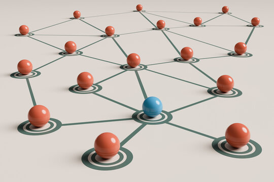 Blue sphere standing out in a network of red spheres