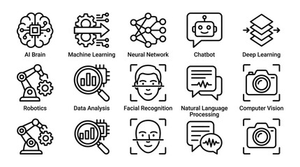 Fototapeta premium Artificial Intelligence and Machine Learning Technology Line Icon Set