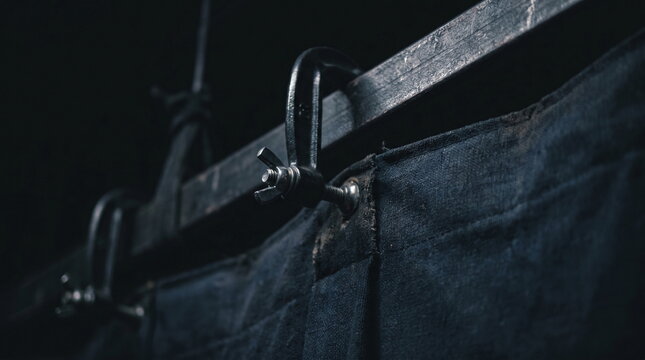 Metal c-clamp with a wingnut securing a heavy dark stage curtain to a theatrical rigging bar
