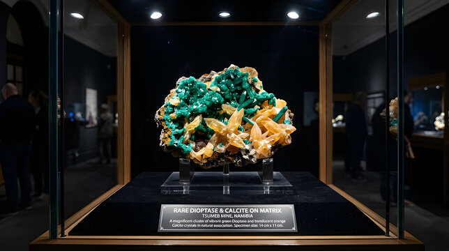 Rare Dioptase and Orange Calcite Crystal Cluster Specimen from Tsumeb Mine Namibia Displayed in Glass Case at Mineral Museum Exhibition Commercial Stock Photo
