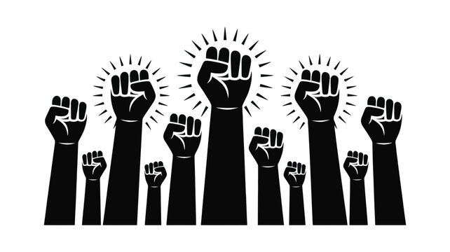Raised clenched fists black silhouettes with one highlighted, symbolizing protest, solidarity, unity, social justice, collective action, empowerment, and community strength on a transparent background