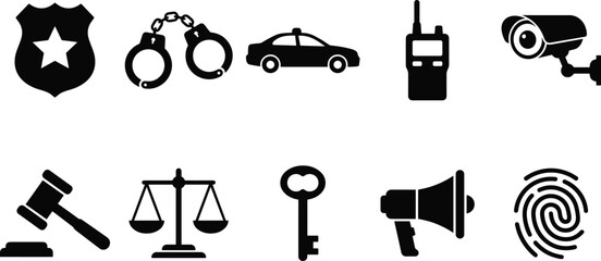 Law enforcement and justice system black silhouette vector icon set featuring police badge handcuffs patrol car gavel scales of justice and fingerprint elements  © MstMonjila