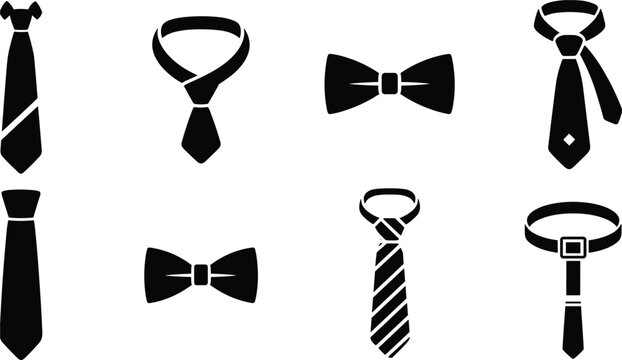 Collection of eight black silhouette icons of neckties bow ties and a belt bowtie