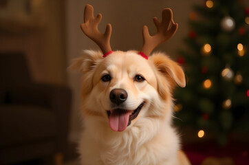 Fototapeta premium happy dog wearing reindeer antlers near decorated Christmas tree