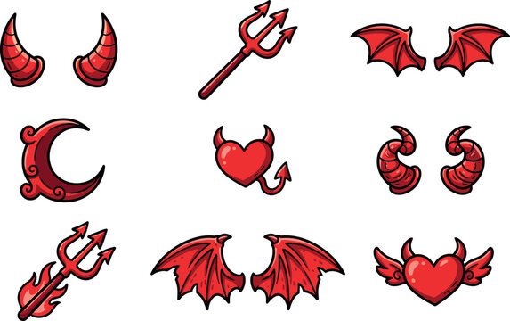 Red devil horns bat wings pitchfork and evil hearts cartoon icons collection for Halloween party decoration and gothic graphic design element vector set