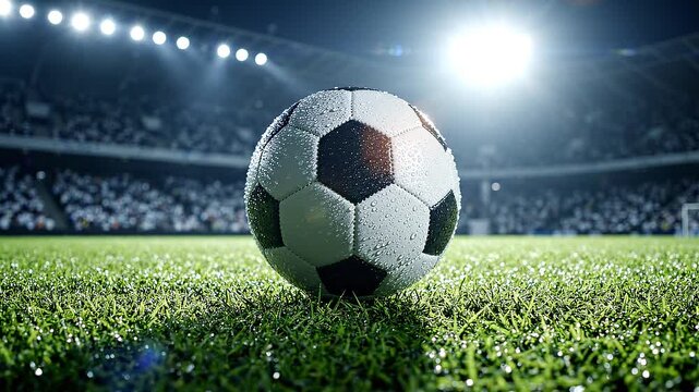 Soccer ball rests on green grass. Bright stadium lights shine above the field. Large audience fills the stands. The ball has black and white panels. Green grass shows dewy patches.