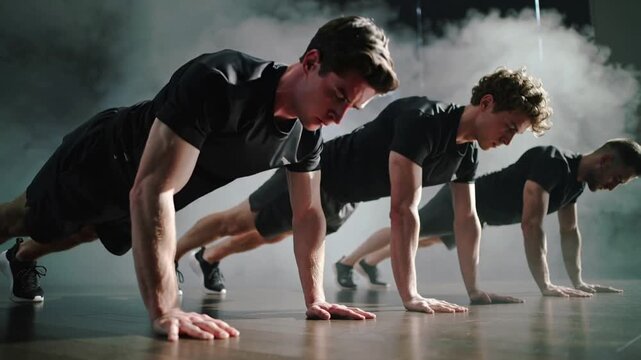 Framing lead man, team doing push-ups at studio floor training in black shirts, smoke, copy space