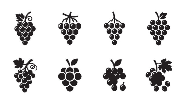 Set of Eight Black and White Vector Grape Icons.