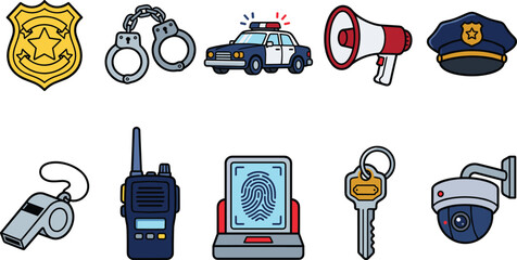 Law enforcement and police department vector flat icon set featuring officer badge handcuffs patrol car megaphone walkie talkie and surveillance camera elements  © MstMonjila