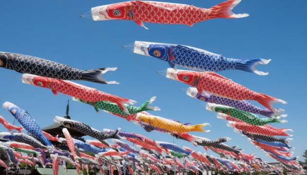 Colorful carp shaped windsocks flying against clear blue sky in Japanese cultural festival Koinobori celebration for children growth and health
