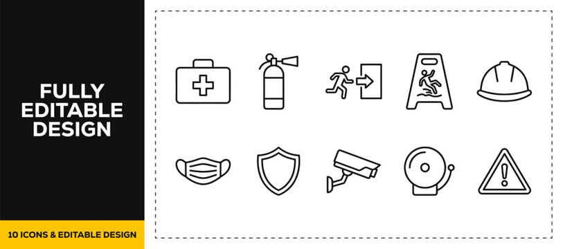 flat vector illustration line art icon bundle set design of industrial safety security fire extinguisher medical mask camera and hardhat helmet ui for modern web ui app