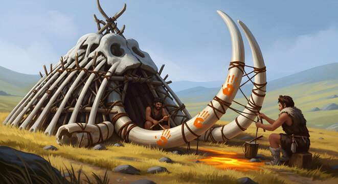 Primitive cavemen building shelter from mammoth tusks and bones in prehistoric landscape stone age tribe illustration