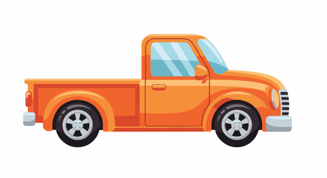 Flat vector illustration of a bright orange pickup truck isolated on a white background. Side view of a vintage-style utility vehicle with chrome bumpers and black tires.