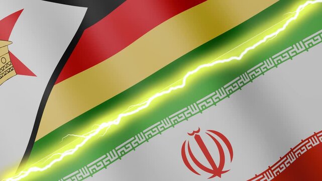 Two waving flags Zimbabwe and Iran with diagonal lightning seamless, 4k loop