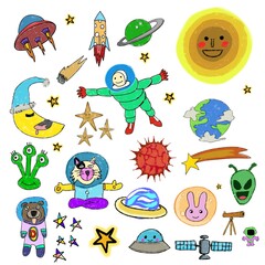 Cute space adventure doodle clipart set, hand drawn naive illustration of astronaut and aliens © PointOfNemoStudio99