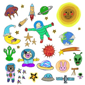 Cute space adventure doodle clipart set, hand drawn naive illustration of astronaut and aliens