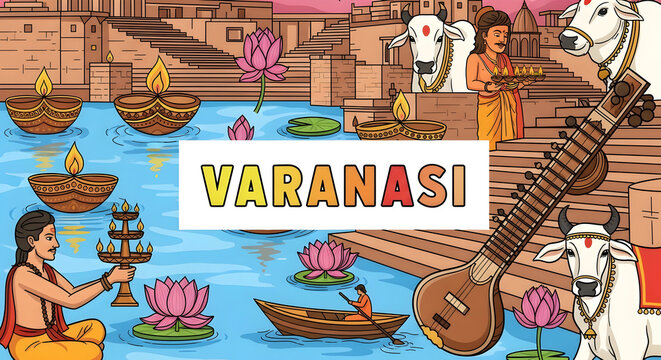 Varanasi India travel illustration with Ganges river ghats lotus flowers and traditional sitar