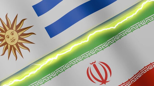 Two waving flags Uruguay and Iran with diagonal lightning seamless, 4k loop