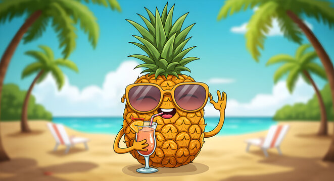 Cute cartoon pineapple character with sunglasses drinking cocktail on tropical summer beach illustration