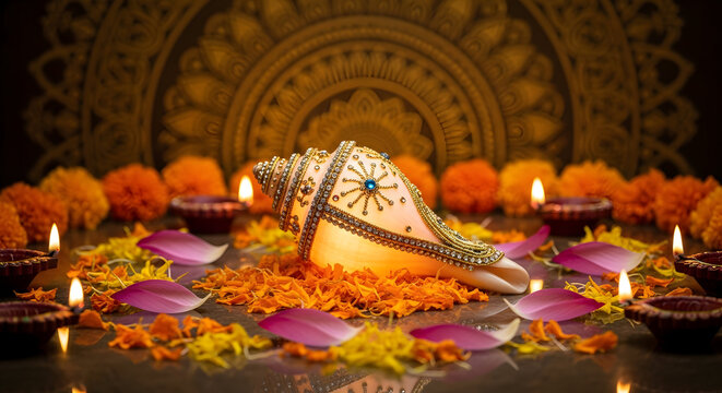 Sacred Hindu Shankha conch shell with marigold flowers and burning oil lamps for Diwali puja ceremony illustration