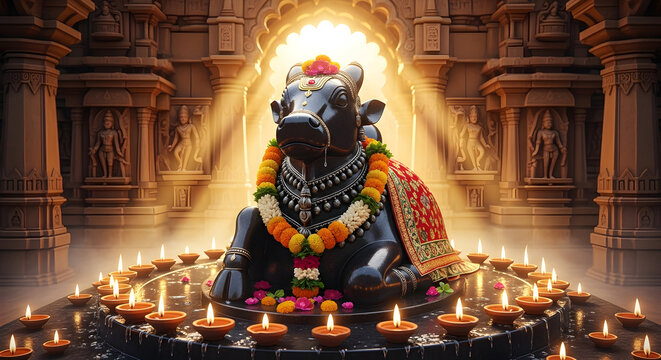 Sacred Nandi bull statue in Hindu temple with ritual oil lamps and divine light illustration