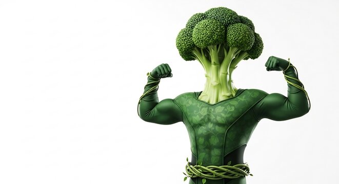 Muscular broccoli humanoid mascot flexing on a white background.