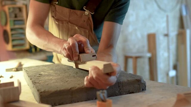 Carpenter in small timber workshop polishes wooden stool leg on table using sand paper instrument, man woodworker carefully sanding chair details, perfecting surface smoothness, production progress.