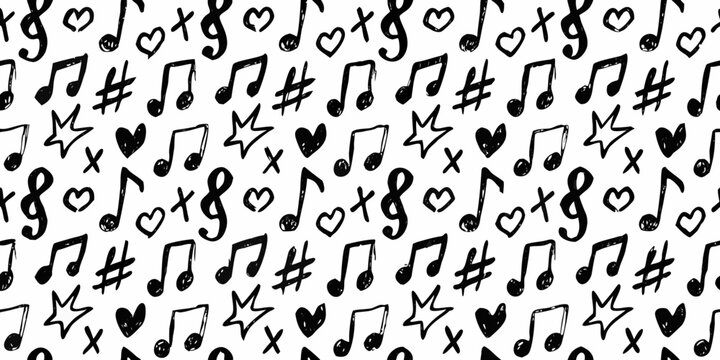 Musical notes and symbols seamless pattern on a white background