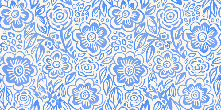 Blue floral ornament a seamless vector pattern with sketched blossoms