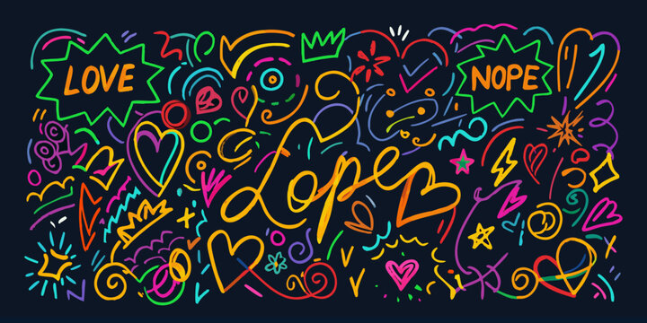 Neon doodle art with hearts stars and handwritten words on dark background